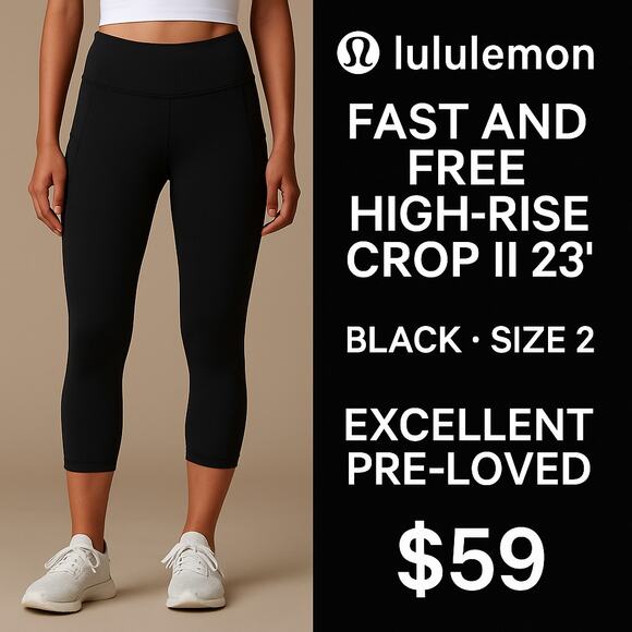 Lululemon Fast and Free High-Rise Crop II 23″ Black with Pockets, Size 2 - Picture 1 of 6